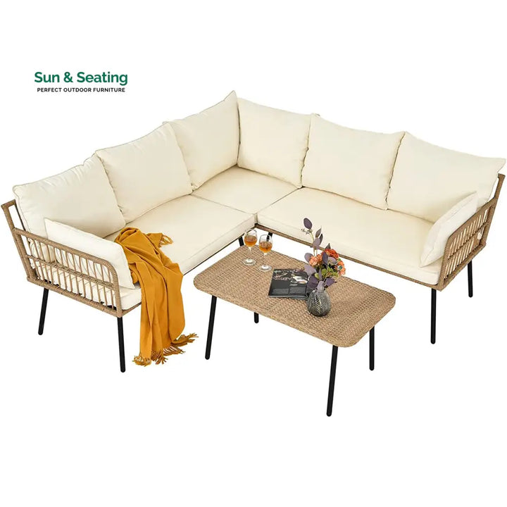 Tyamo Outdoor Garden Balcony Sofa Set 5 Seater and 1 Center Table Set (Tan + Beige) Sofa Sets