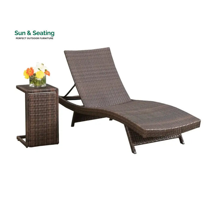 Udita Outdoor All-Weather HDPE Wicker Rattan Sunlounger Recliner with Side Table Lounger Set