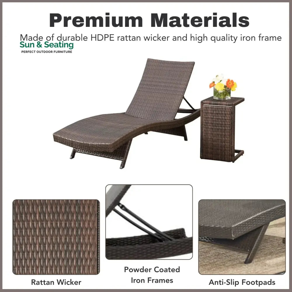 Udita Outdoor All-Weather HDPE Wicker Rattan Sunlounger Recliner with Side Table Lounger Set