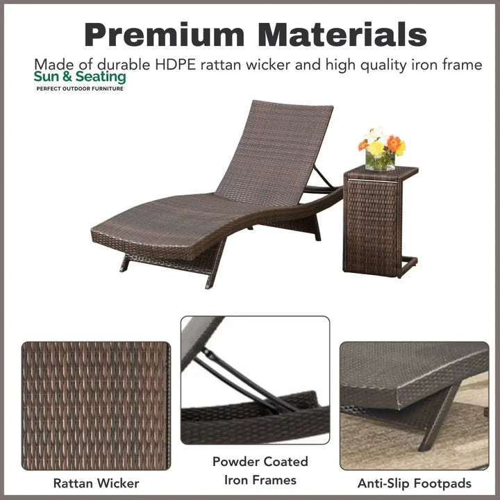 Udita Outdoor All-Weather HDPE Wicker Rattan Sunlounger Recliner with Side Table Lounger Set