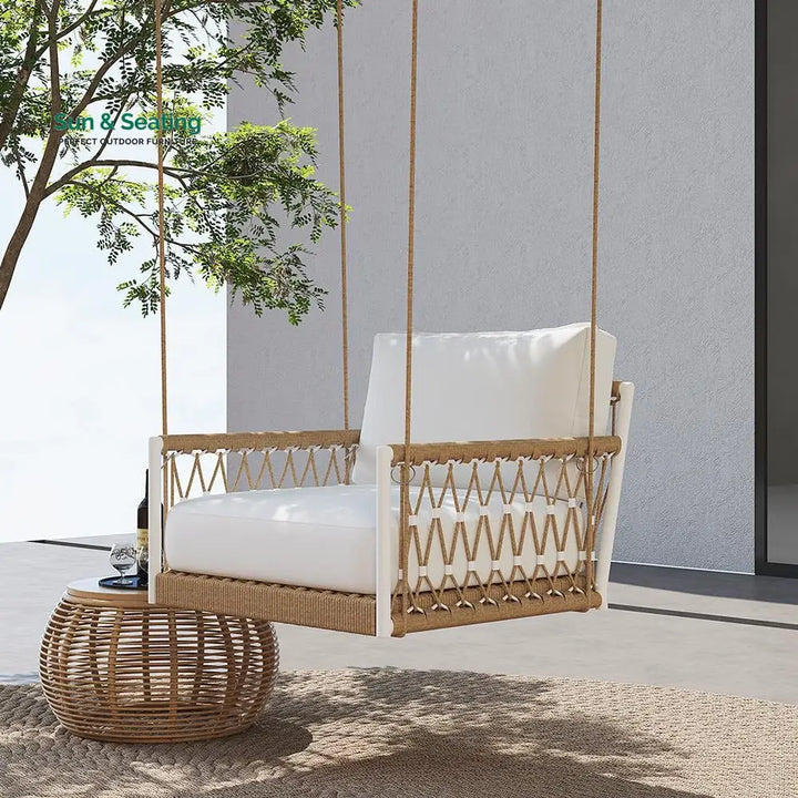 Ulek Single Seater Hanging Swing Without Stand For Balcony Garden Swing (White + Tan) Braided &amp; Rope Swings