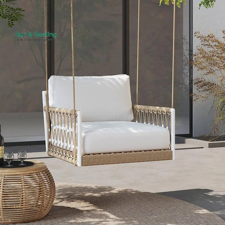 Ulek Single Seater Hanging Swing Without Stand For Balcony Garden Swing (White + Tan) Braided &amp; Rope Swings