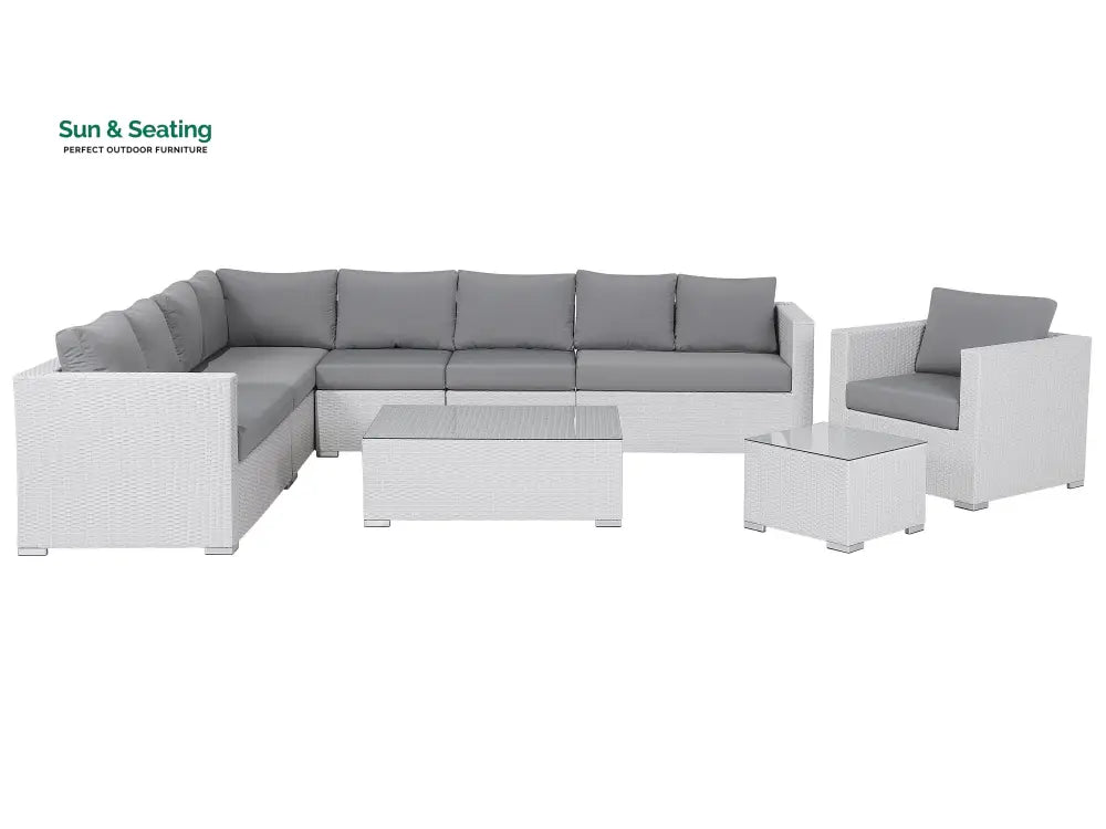 Ulva Outdoor Sofa Set 8 Seater Single Seater and 2 Center Table Set (White + Grey) Sofa Sets