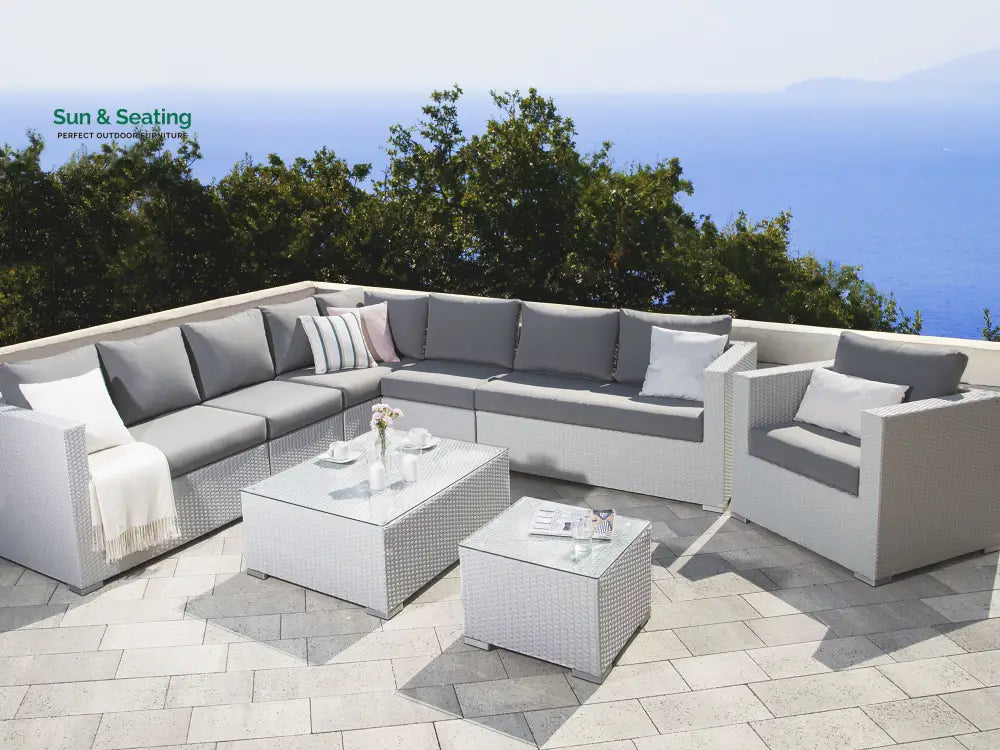 Ulva Outdoor Sofa Set 8 Seater Single Seater and 2 Center Table Set (White + Grey) Sofa Sets