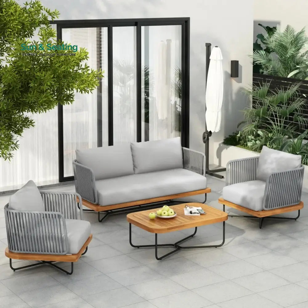 Uma Outdoor 4-Piece Rope Woven Conversation Sofa Set with Wooden Top Table Sofa Set