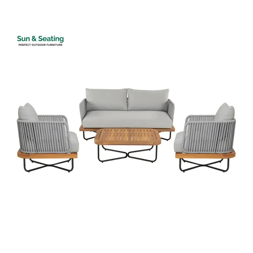 Uma Outdoor 4-Piece Rope Woven Conversation Sofa Set with Wooden Top Table Sofa Set