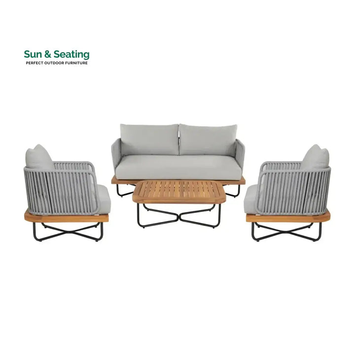 Uma Outdoor 4-Piece Rope Woven Conversation Sofa Set with Wooden Top Table Sofa Set