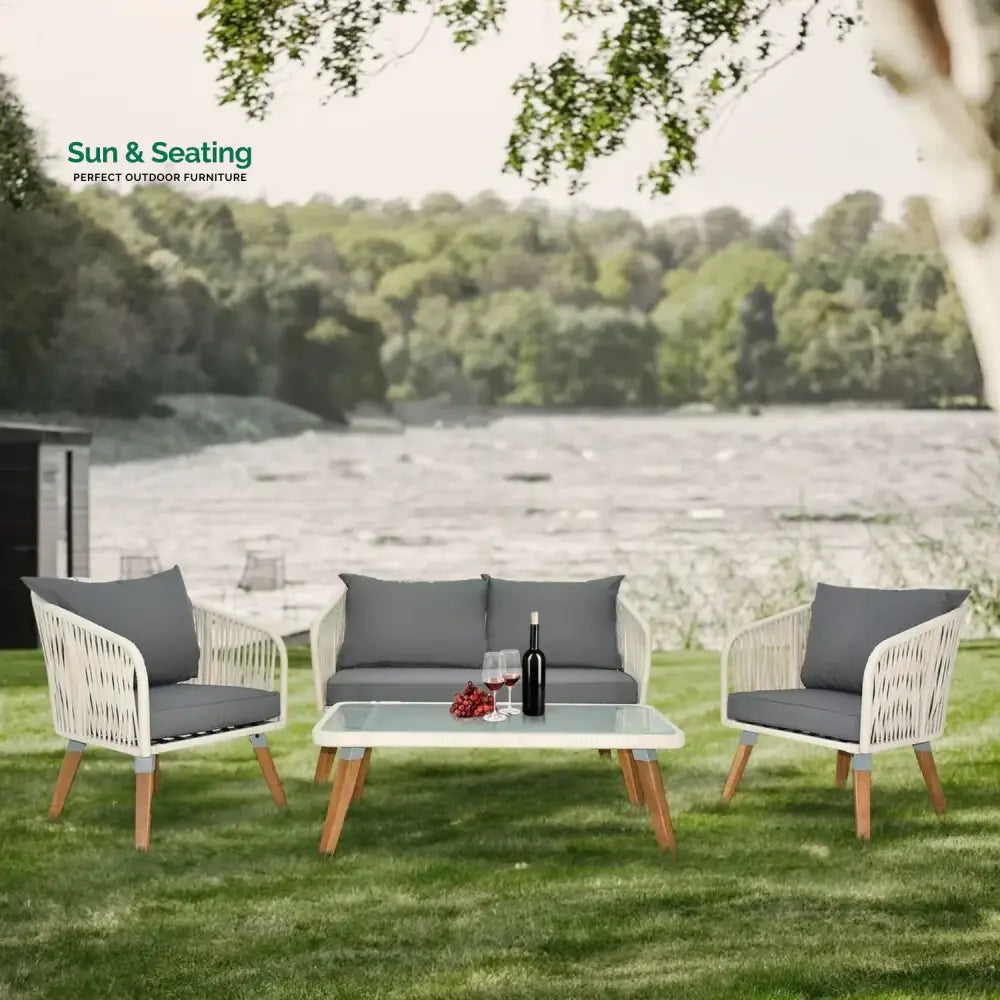 Vada Outdoor Rope 4-Piece Sofa Set (White &amp; Grey) Sofa Set