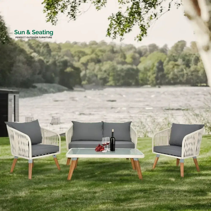 Vada Outdoor Rope 4-Piece Sofa Set (White &amp; Grey) Sofa Set