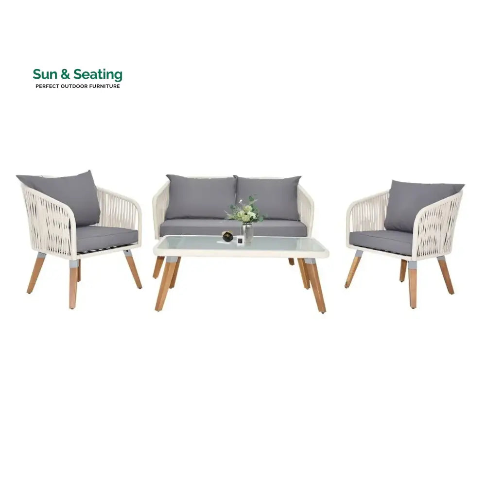 Vada Outdoor Rope 4-Piece Sofa Set (White &amp; Grey) Sofa Set