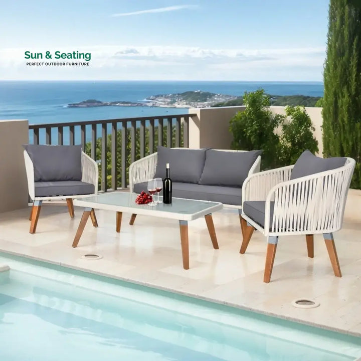Vada Outdoor Rope 4-Piece Sofa Set (White &amp; Grey) Sofa Set
