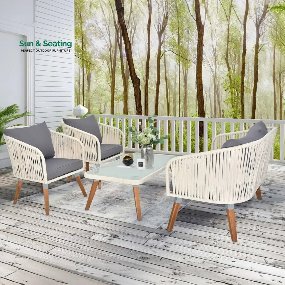 Vada Outdoor Rope 4-Piece Sofa Set (White &amp; Grey) Sofa Set