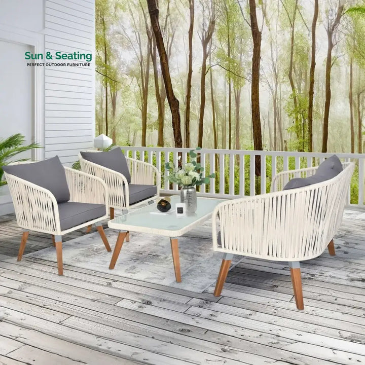 Vada Outdoor Rope 4-Piece Sofa Set (White &amp; Grey) Sofa Set