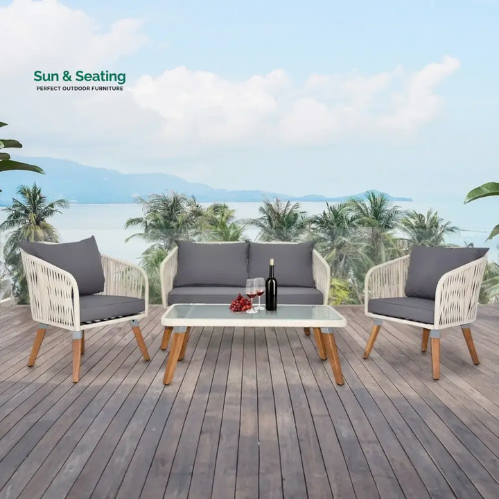 Vada Outdoor Rope 4-Piece Sofa Set (White &amp; Grey) Sofa Set