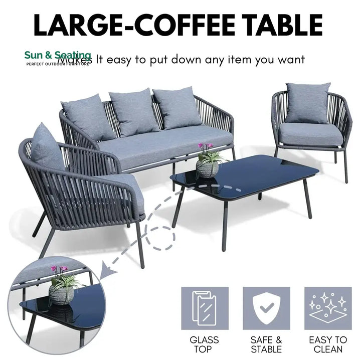 Valencia 4-Piece Outdoor Rope Patio Sofa Set (Grey) Sofa Set