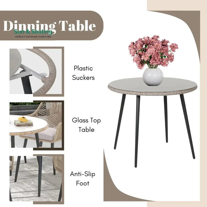 Valentina 5-Piece Outdoor Patio Dining Set with Rope Chairs &amp; Glass Top Table Dining Set