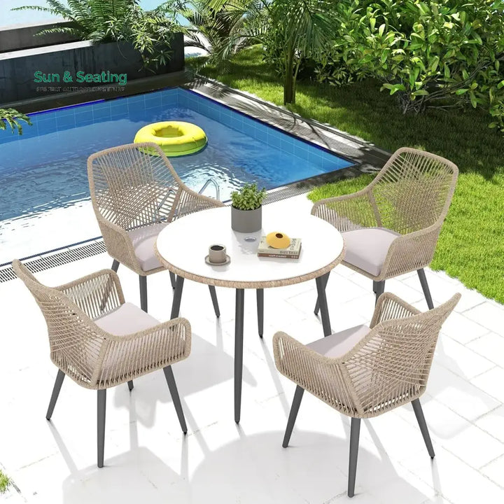 Valentina 5-Piece Outdoor Patio Dining Set with Rope Chairs &amp; Glass Top Table Dining Set