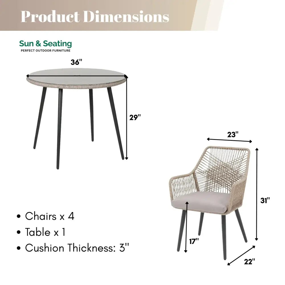 Valentina 5-Piece Outdoor Patio Dining Set with Rope Chairs &amp; Glass Top Table Dining Set