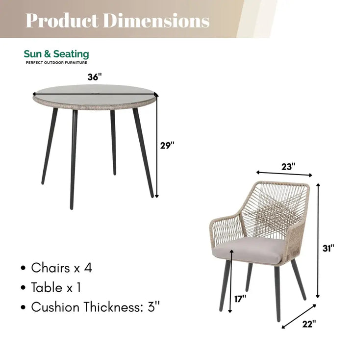 Valentina 5-Piece Outdoor Patio Dining Set with Rope Chairs &amp; Glass Top Table Dining Set