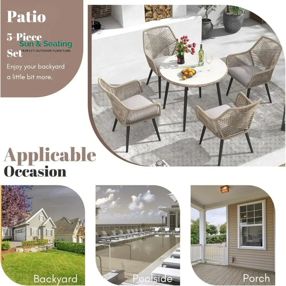 Valentina 5-Piece Outdoor Patio Dining Set with Rope Chairs &amp; Glass Top Table Dining Set