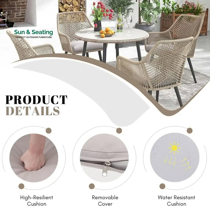 Valentina 5-Piece Outdoor Patio Dining Set with Rope Chairs &amp; Glass Top Table Dining Set