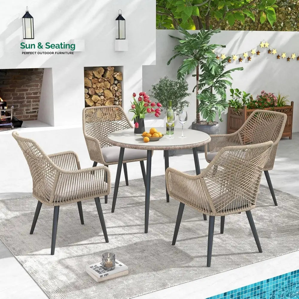 Valentina 5-Piece Outdoor Patio Dining Set with Rope Chairs &amp; Glass Top Table Dining Set