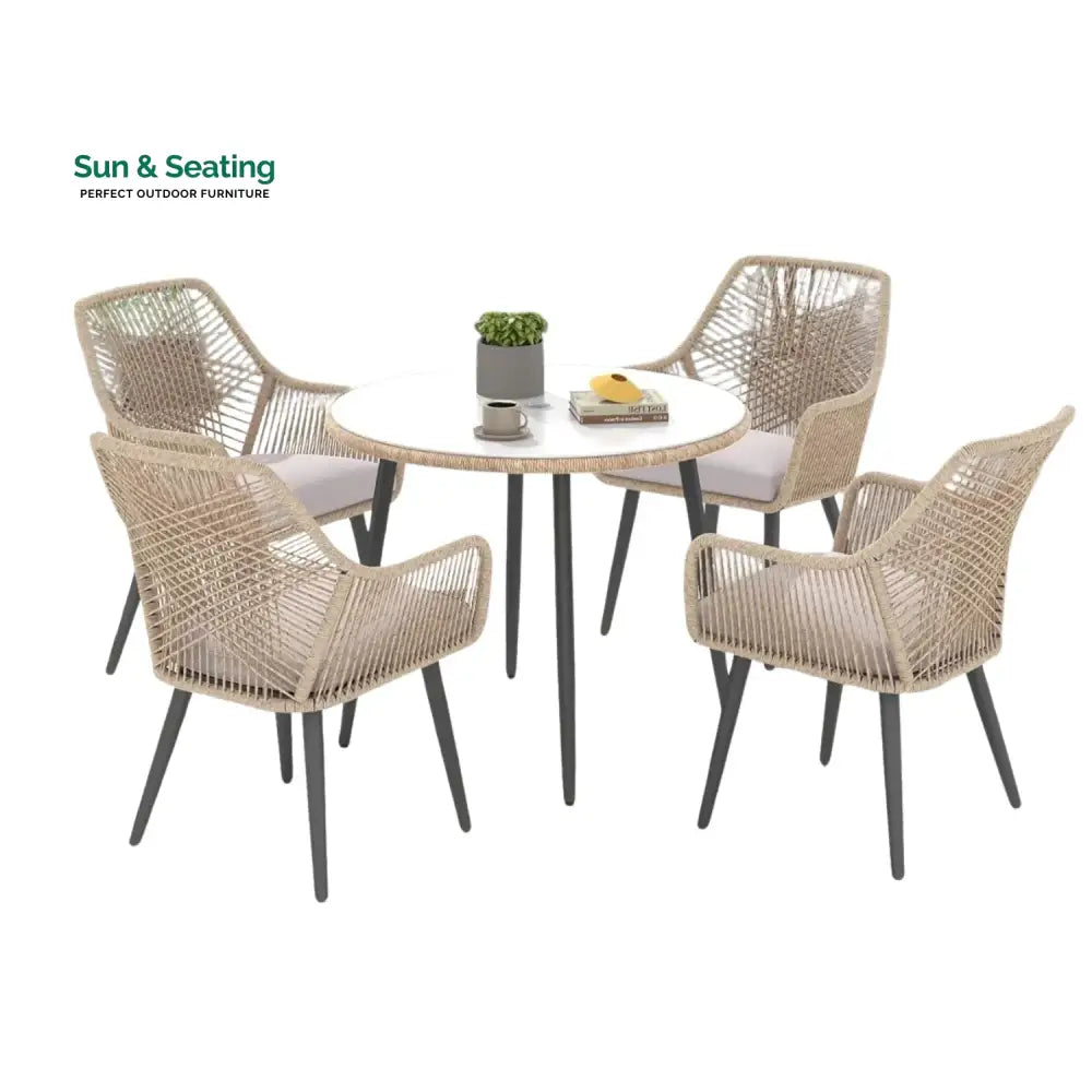 Valentina 5-Piece Outdoor Patio Dining Set with Rope Chairs &amp; Glass Top Table Dining Set