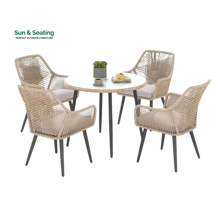 Valentina 5-Piece Outdoor Patio Dining Set with Rope Chairs &amp; Glass Top Table Dining Set