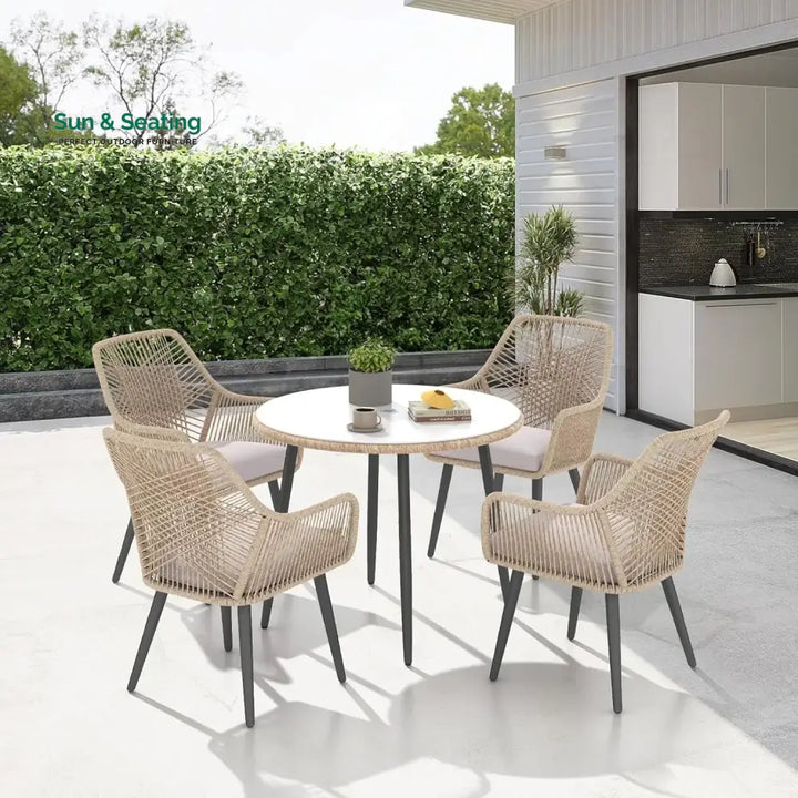 Valentina 5-Piece Outdoor Patio Dining Set with Rope Chairs &amp; Glass Top Table Dining Set