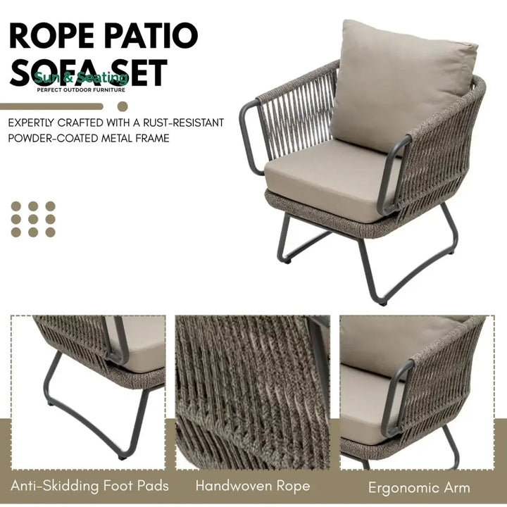 Valeria 4-Piece Rope Sofa Set With Glass Top Table Sofa Set