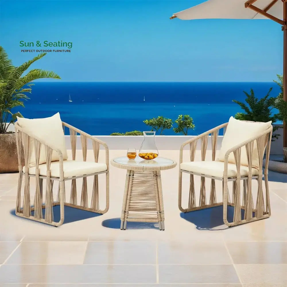 Varqo Outdoor Patio Seating Set 2 Chairs and 1 Table Set Braided &amp; Rope Beige Coffee Table Sets