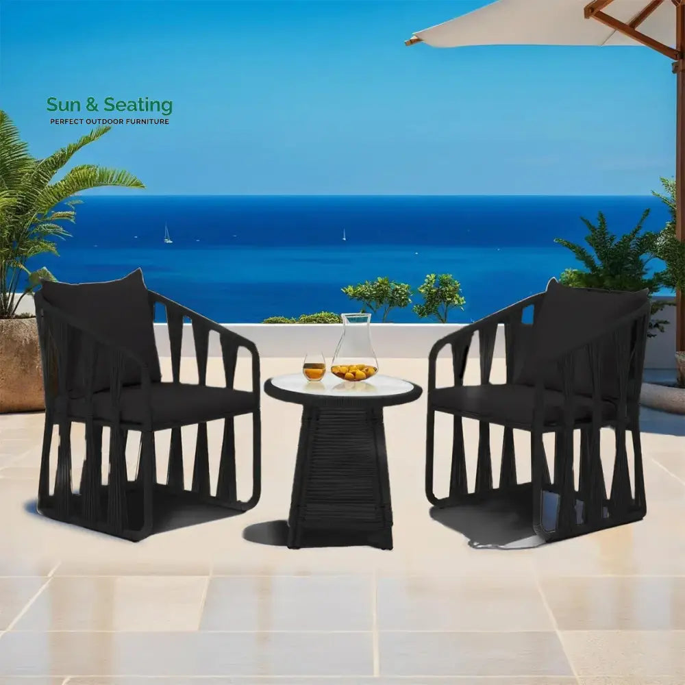 Varqo Outdoor Patio Seating Set 2 Chairs and 1 Table Set Braided &amp; Rope Black Coffee Table Sets