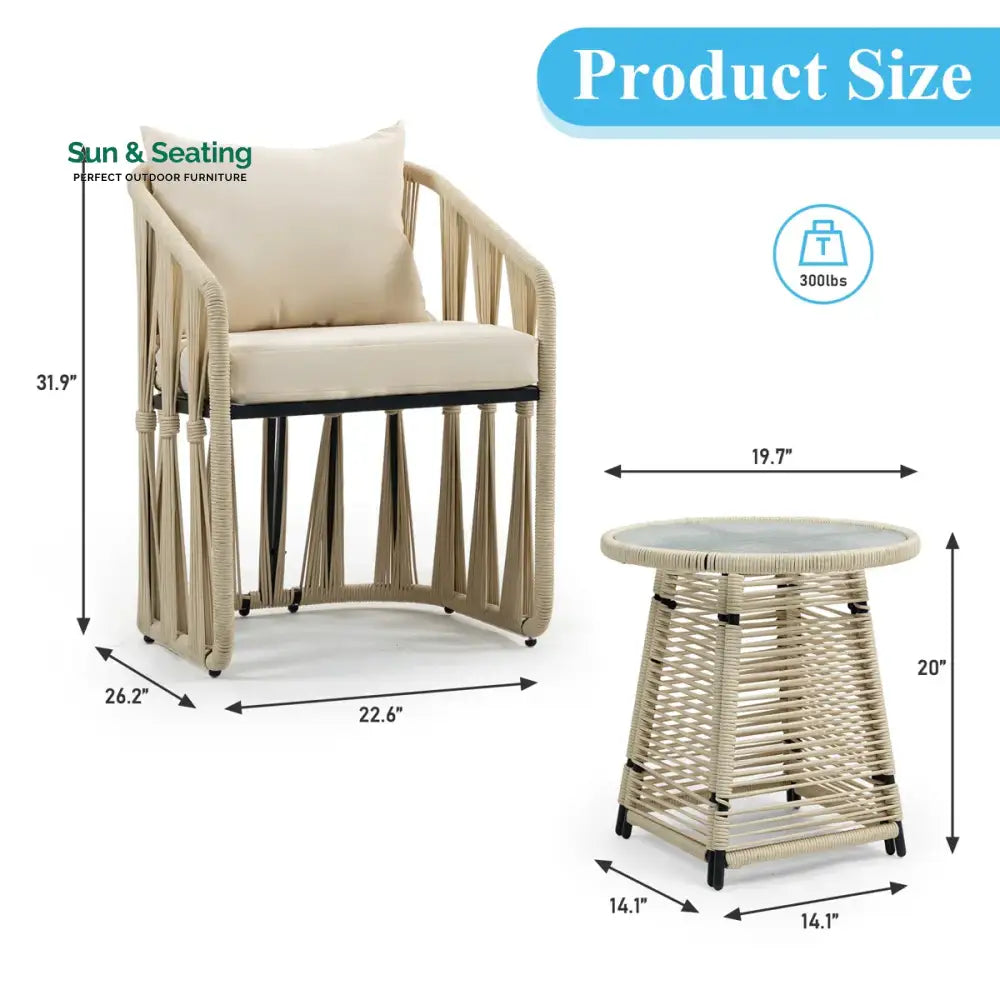 Varqo Outdoor Patio Seating Set 2 Chairs and 1 Table Set Braided &amp; Rope Coffee Table Sets