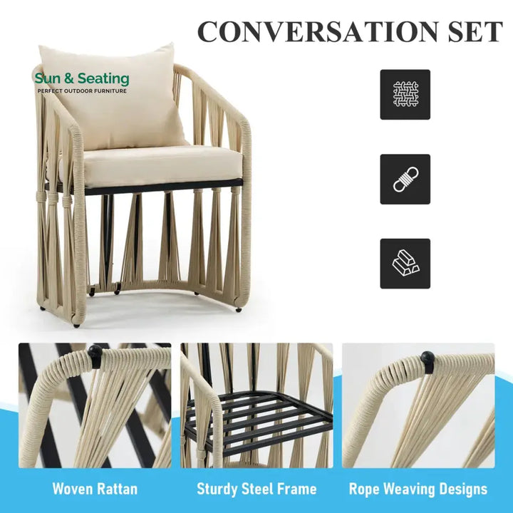 Varqo Outdoor Patio Seating Set 2 Chairs and 1 Table Set Braided &amp; Rope Coffee Table Sets
