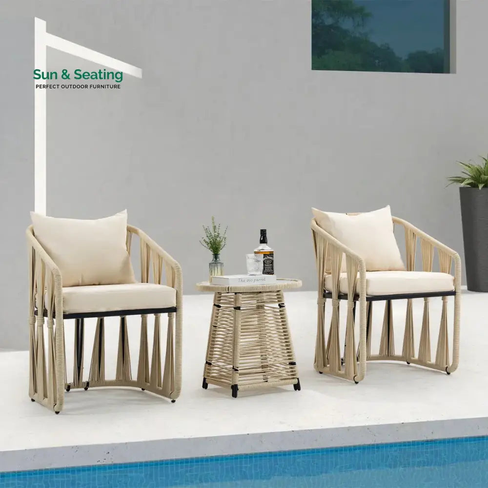 Varqo Outdoor Patio Seating Set 2 Chairs and 1 Table Set Braided &amp; Rope cream Coffee Table Sets