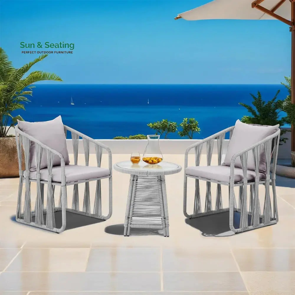 Varqo Outdoor Patio Seating Set 2 Chairs and 1 Table Set Braided &amp; Rope Gray Coffee Table Sets