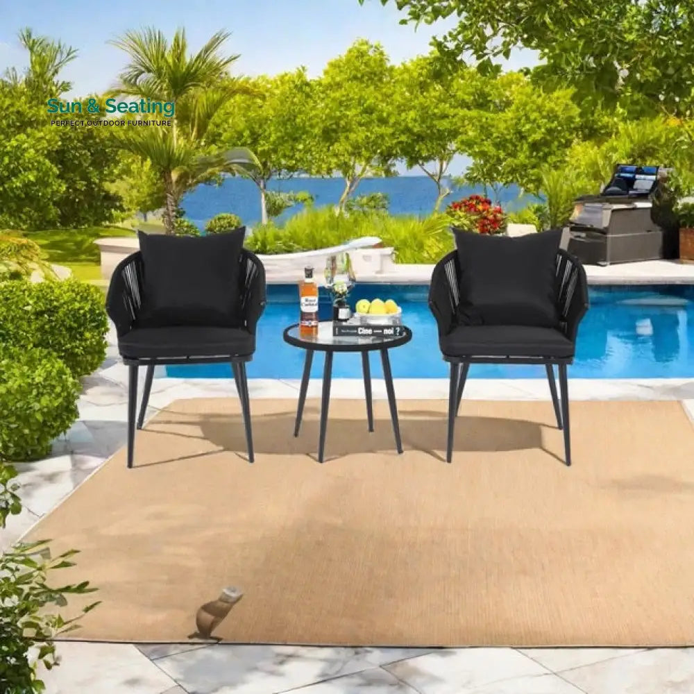 Veras Outdoor Patio Seating Set 2 Chairs and 1 Table Set Braided &amp; Rope Black Coffee Table Sets