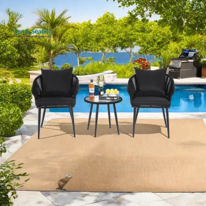 Veras Outdoor Patio Seating Set 2 Chairs and 1 Table Set Braided &amp; Rope Black Coffee Table Sets