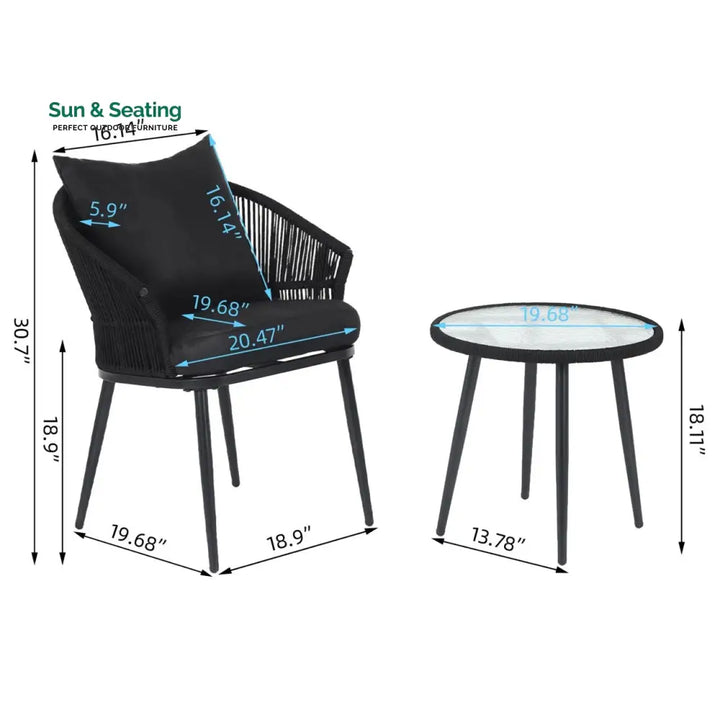 Veras Outdoor Patio Seating Set 2 Chairs and 1 Table Set Braided &amp; Rope Coffee Table Sets