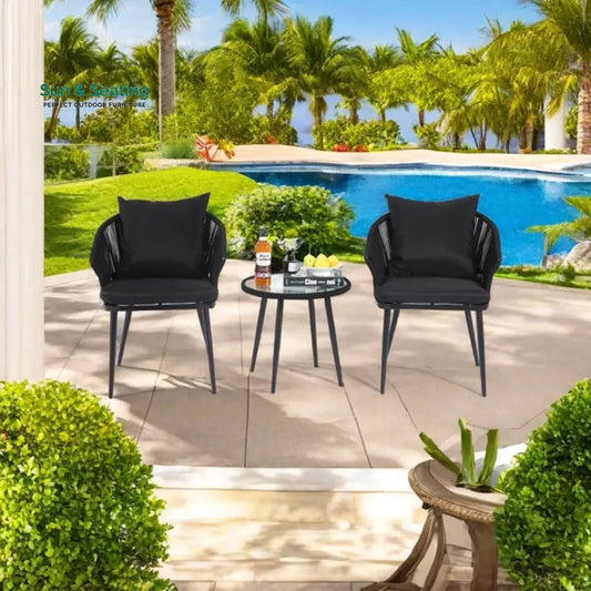 Veras Outdoor Patio Seating Set 2 Chairs and 1 Table Set Braided & Rope Coffee Table Sets