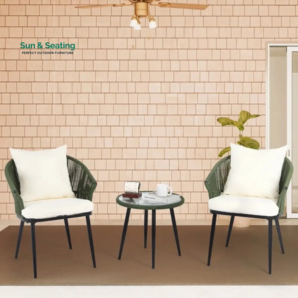 Veras Outdoor Patio Seating Set 2 Chairs and 1 Table Set Braided &amp; Rope Green Coffee Table Sets