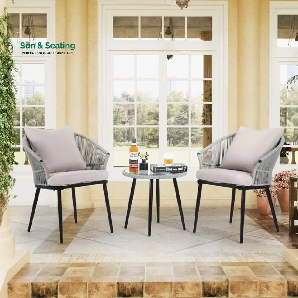 Veras Outdoor Patio Seating Set 2 Chairs and 1 Table Set Braided &amp; Rope Grey Coffee Table Sets