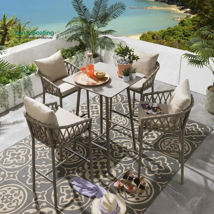 Verónica Outdoor Patio Bar Set 4 Chairs and 1 Table Set Braided &amp; Rope Beige Bar Sets