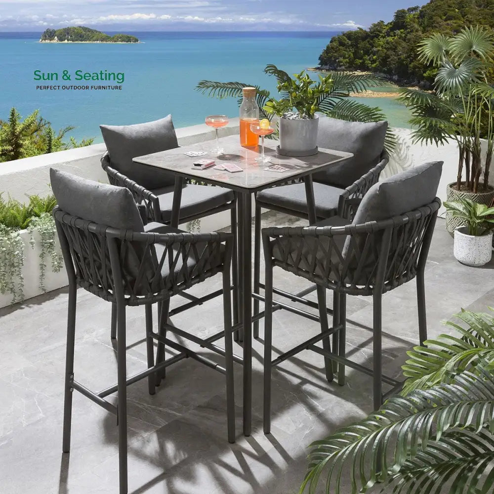 Verónica Outdoor Patio Bar Set 4 Chairs and 1 Table Set Braided &amp; Rope Grey Bar Sets