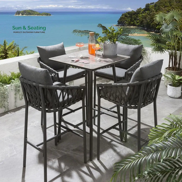 Verónica Outdoor Patio Bar Set 4 Chairs and 1 Table Set Braided &amp; Rope Grey Bar Sets