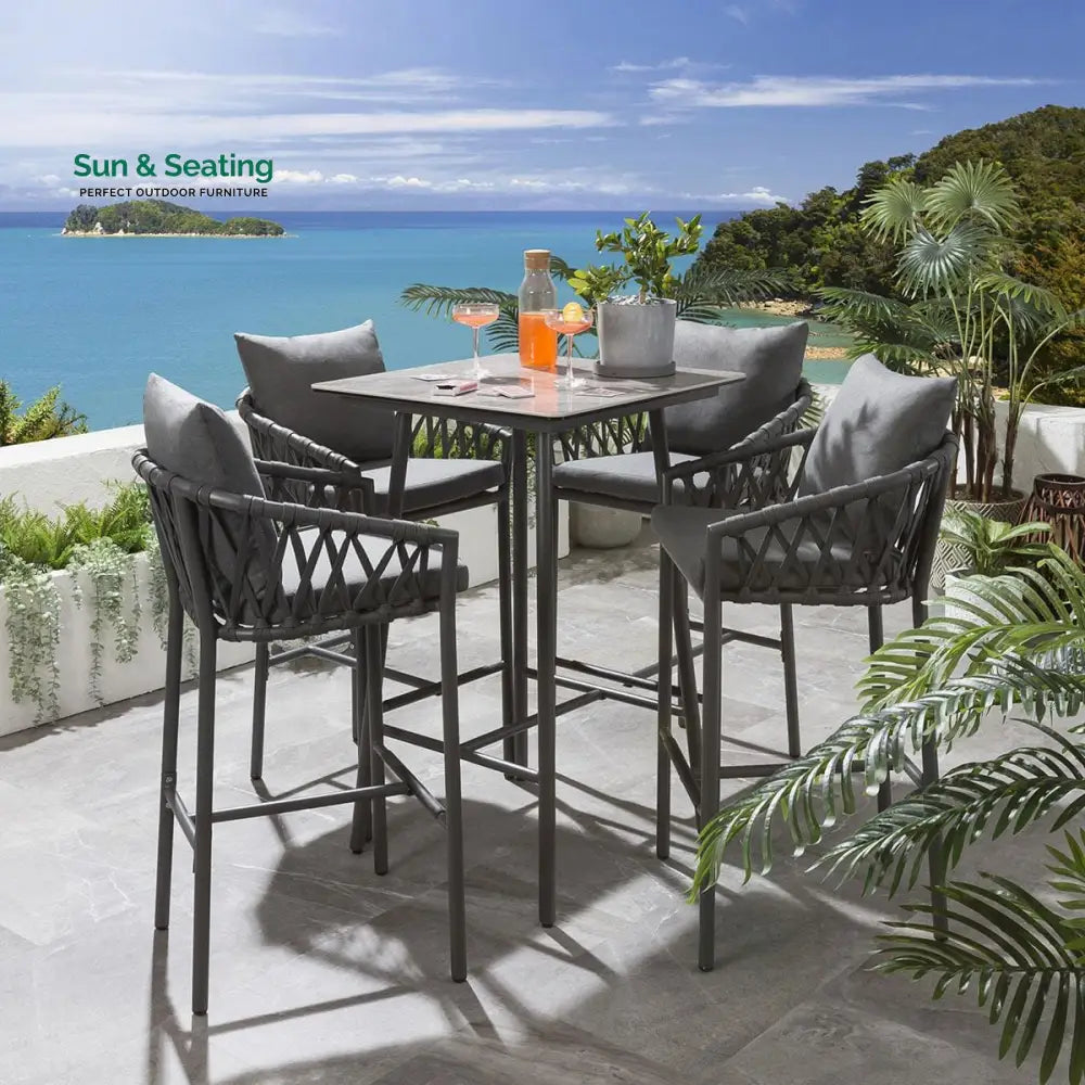 Verónica Outdoor Patio Bar Set 4 Chairs and 1 Table Set Braided &amp; Rope Bar Sets