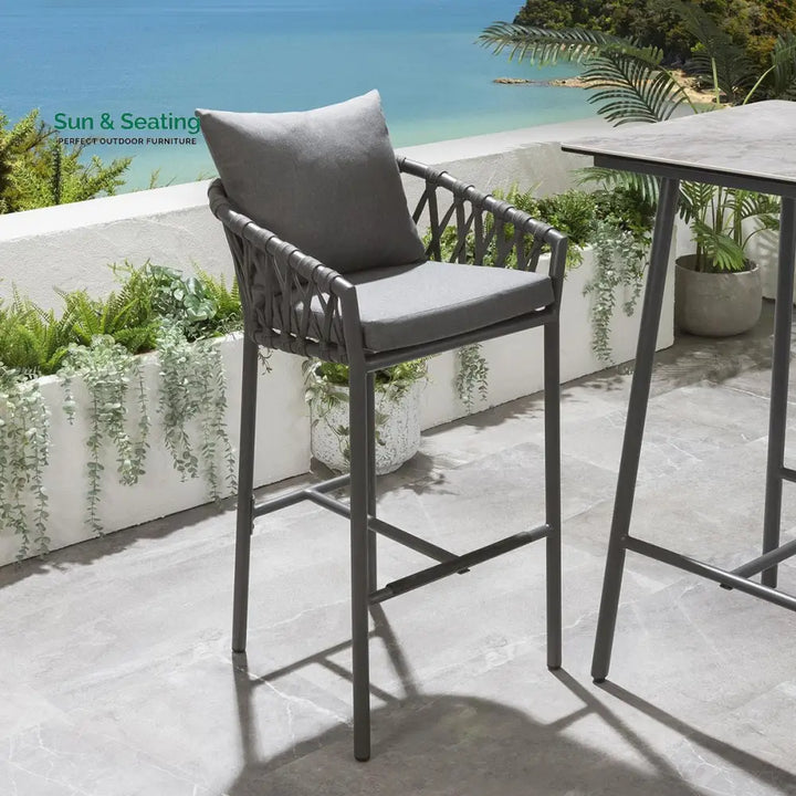 Verónica Outdoor Patio Bar Set 4 Chairs and 1 Table Set Braided &amp; Rope Bar Sets