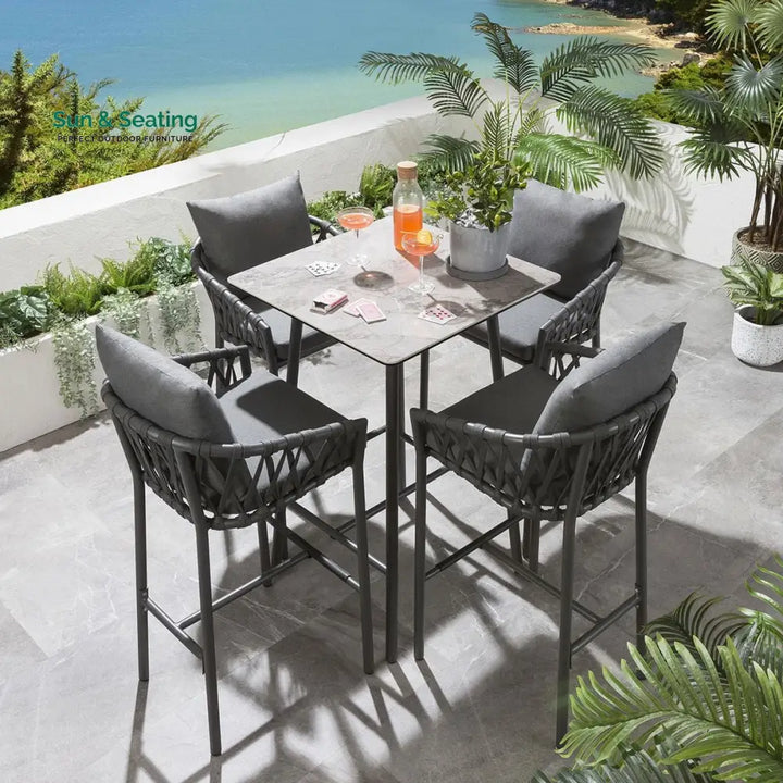 Verónica Outdoor Patio Bar Set 4 Chairs and 1 Table Set Braided &amp; Rope Bar Sets