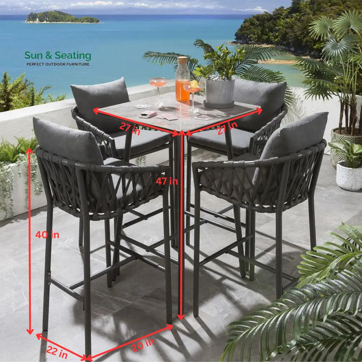 Verónica Outdoor Patio Bar Set 4 Chairs and 1 Table Set Braided &amp; Rope Bar Sets