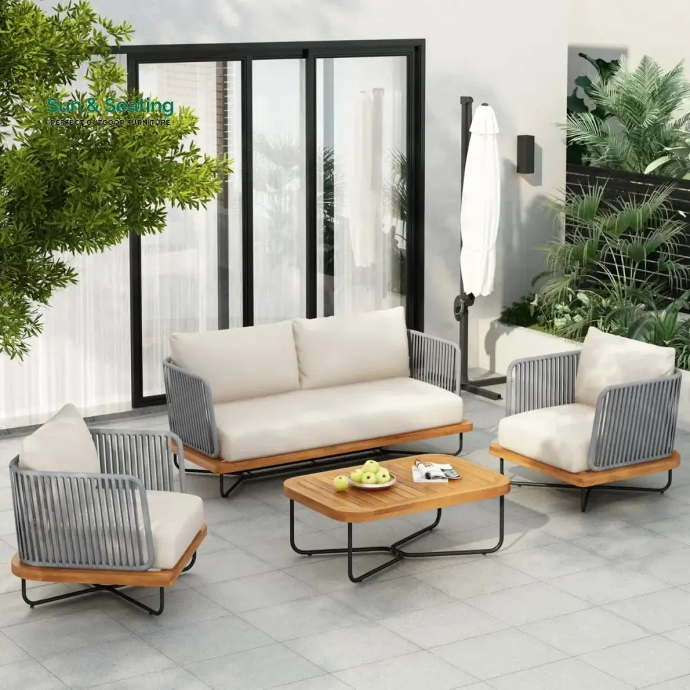 Vibhuti Outdoor 4-Piece Rope Woven Conversation Sofa Set with Wooden Top Table Sofa Set